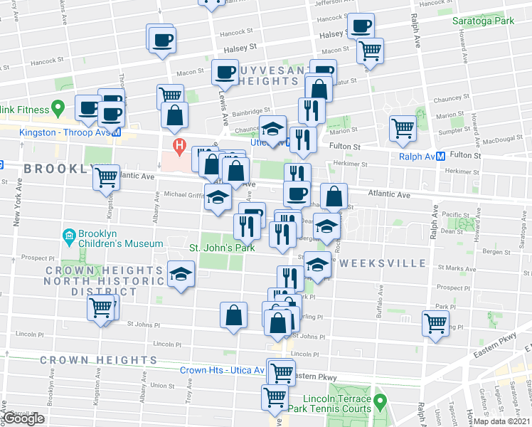 map of restaurants, bars, coffee shops, grocery stores, and more near 1694 Dean Street in Brooklyn