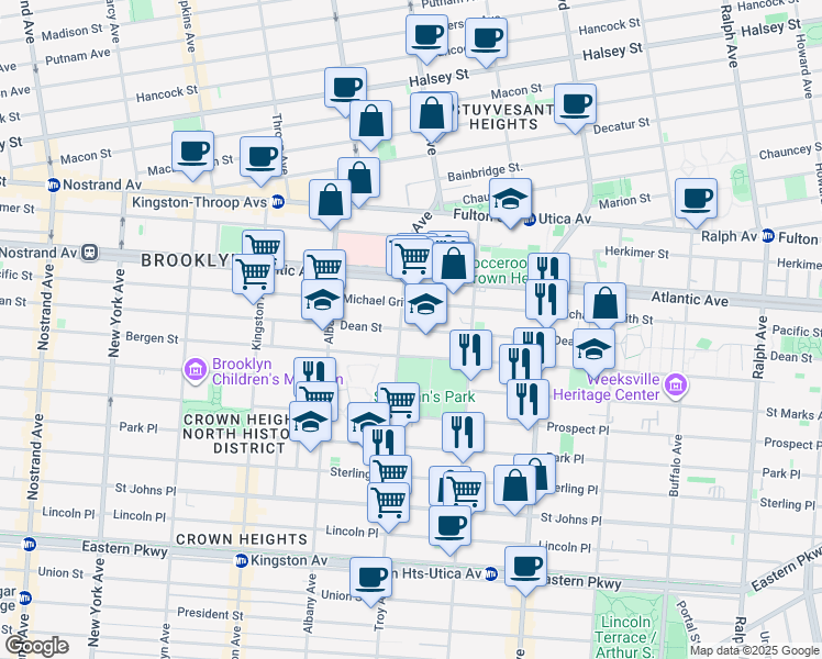 map of restaurants, bars, coffee shops, grocery stores, and more near 117 Troy Avenue in Brooklyn