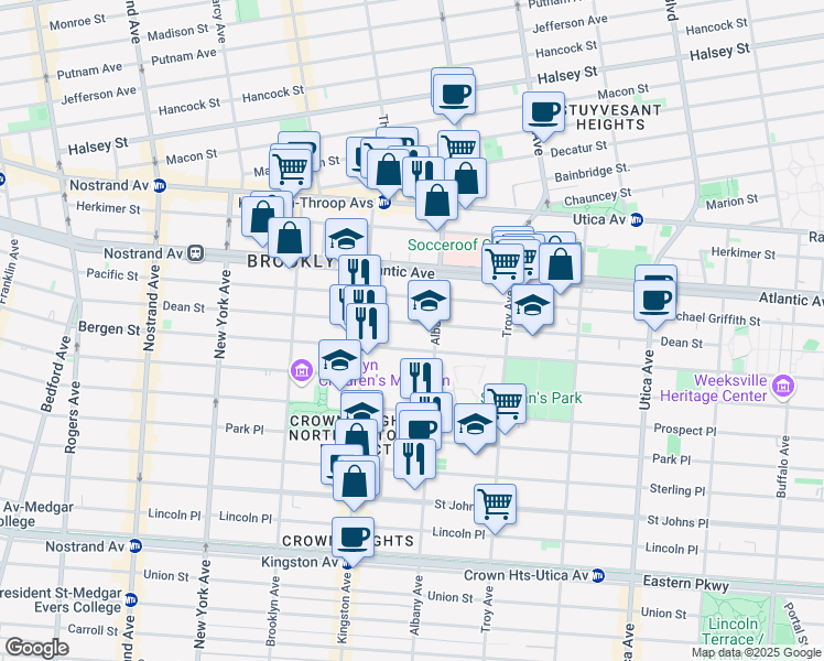 map of restaurants, bars, coffee shops, grocery stores, and more near 1362A Bergen Street in Brooklyn