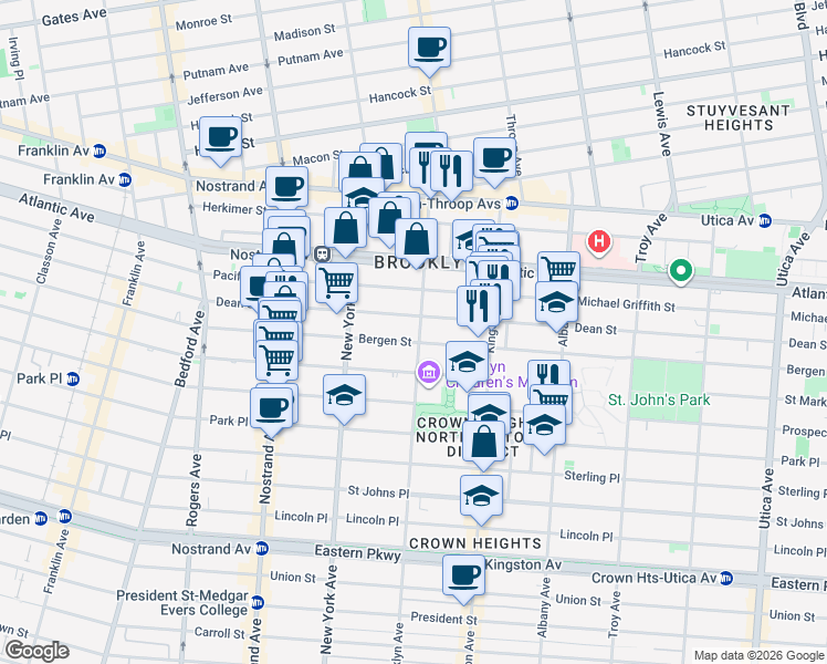 map of restaurants, bars, coffee shops, grocery stores, and more near 127 Brooklyn Avenue in Brooklyn