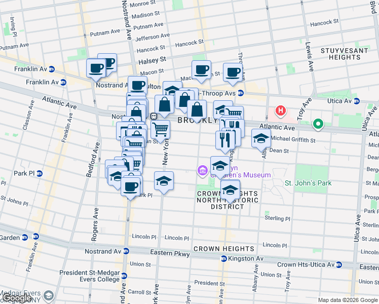 map of restaurants, bars, coffee shops, grocery stores, and more near 1206 Bergen Street in Brooklyn