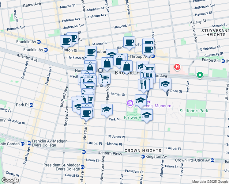 map of restaurants, bars, coffee shops, grocery stores, and more near 1206 Bergen Street in Brooklyn