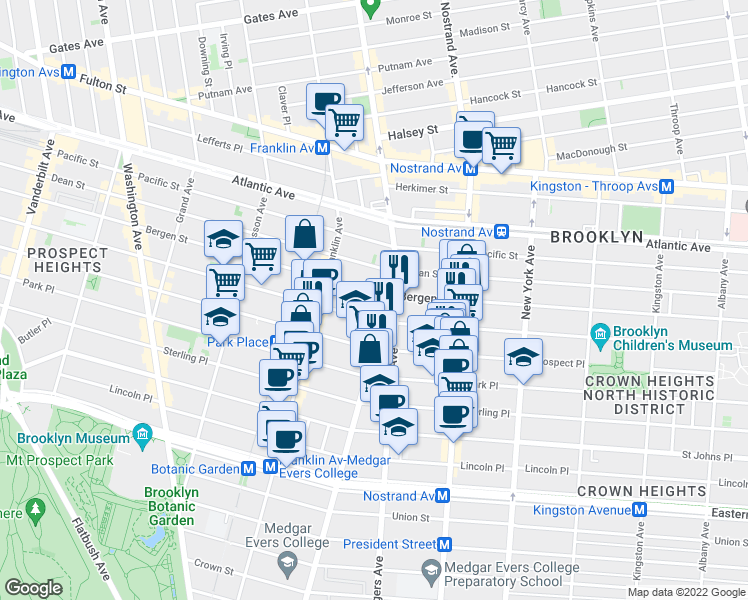 map of restaurants, bars, coffee shops, grocery stores, and more near 1391 Bedford Avenue in Brooklyn