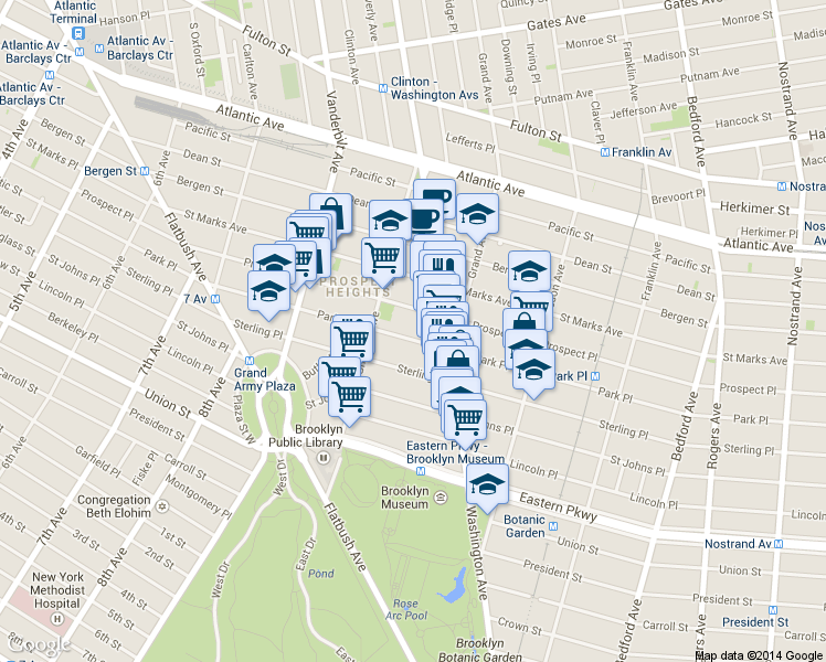 map of restaurants, bars, coffee shops, grocery stores, and more near 398 Park Place in Brooklyn