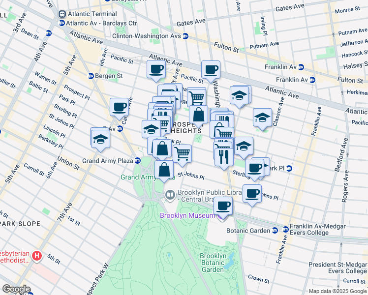 map of restaurants, bars, coffee shops, grocery stores, and more near 177 Underhill Avenue in Brooklyn
