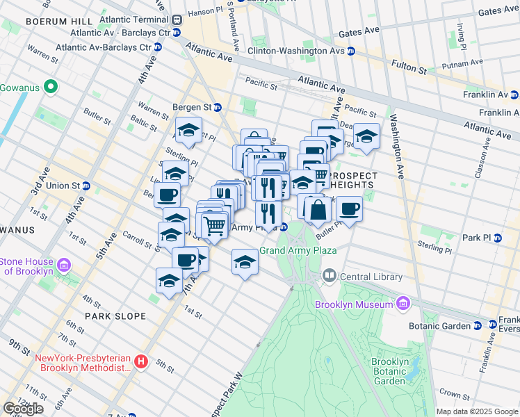 map of restaurants, bars, coffee shops, grocery stores, and more near 232 Saint Johns Place in Brooklyn