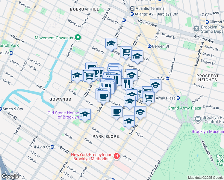map of restaurants, bars, coffee shops, grocery stores, and more near 687 President Street in Brooklyn