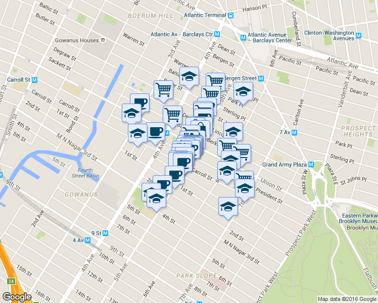 map of restaurants, bars, coffee shops, grocery stores, and more near 212 5th Avenue in Brooklyn