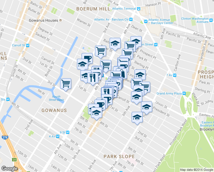 map of restaurants, bars, coffee shops, grocery stores, and more near 584 Carroll Street in Brooklyn