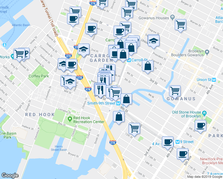 map of restaurants, bars, coffee shops, grocery stores, and more near 489 Court Street in Brooklyn