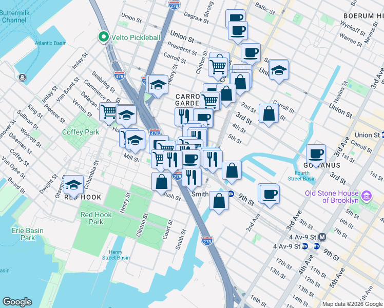 map of restaurants, bars, coffee shops, grocery stores, and more near 538 Court Street in Brooklyn