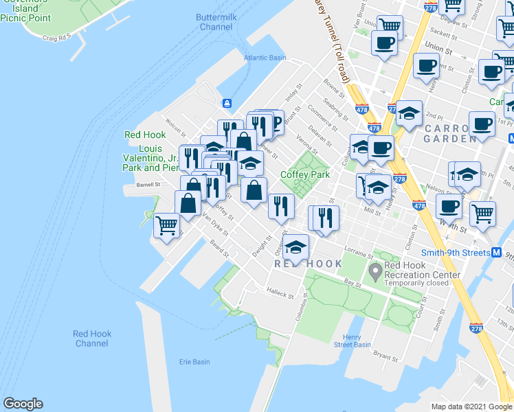 map of restaurants, bars, coffee shops, grocery stores, and more near 48 Dikeman Street in Brooklyn