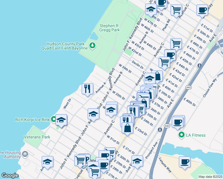 map of restaurants, bars, coffee shops, grocery stores, and more near 884 John F. Kennedy Boulevard in Weehawken