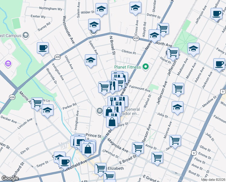 map of restaurants, bars, coffee shops, grocery stores, and more near 560-574 North Broad Street in Elizabeth