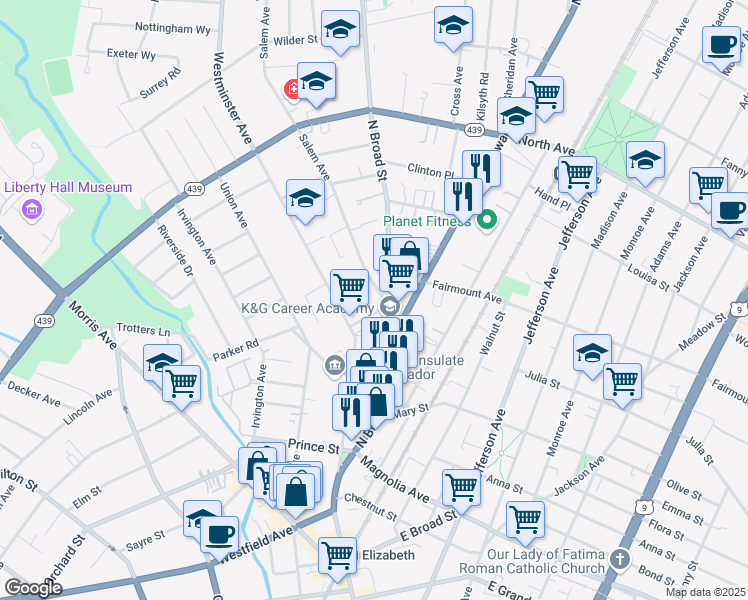 map of restaurants, bars, coffee shops, grocery stores, and more near 560-574 North Broad Street in Elizabeth