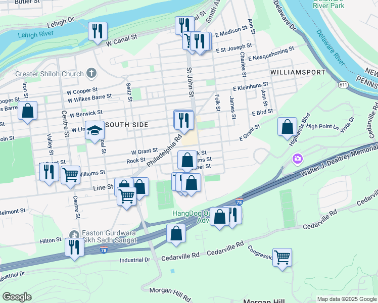 map of restaurants, bars, coffee shops, grocery stores, and more near 209 Palmer Street in Easton