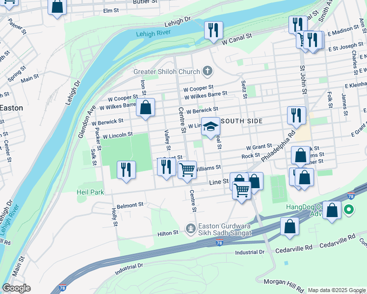 map of restaurants, bars, coffee shops, grocery stores, and more near 804 Centre Street in Easton