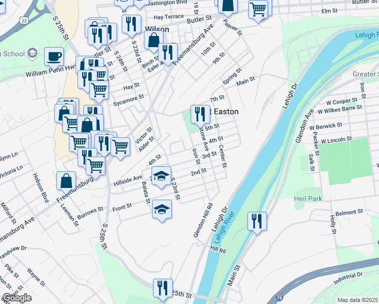 map of restaurants, bars, coffee shops, grocery stores, and more near 2200 3rd Street in Easton