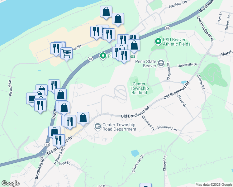 map of restaurants, bars, coffee shops, grocery stores, and more near 400 Center Manor Drive in Monaca
