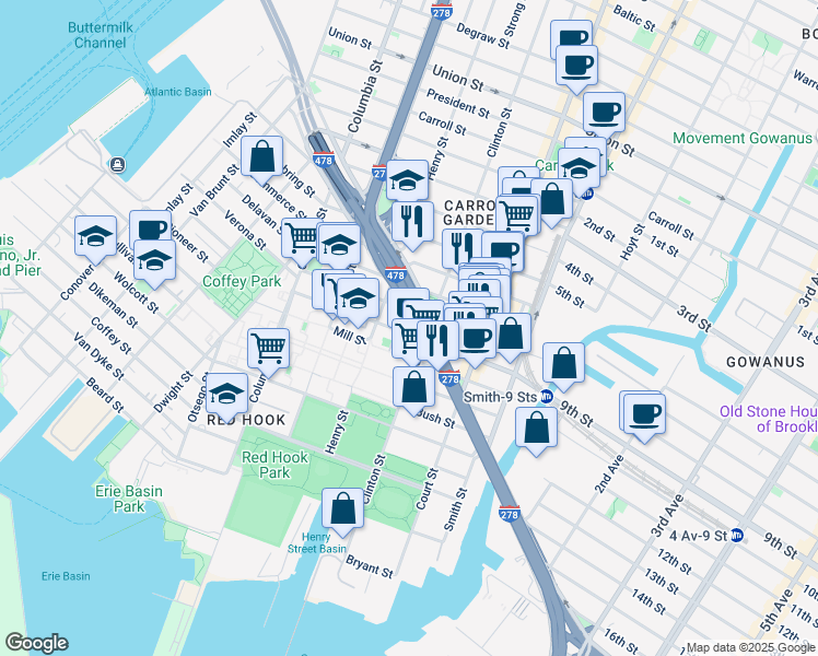 map of restaurants, bars, coffee shops, grocery stores, and more near 110 West 9th Street in Brooklyn