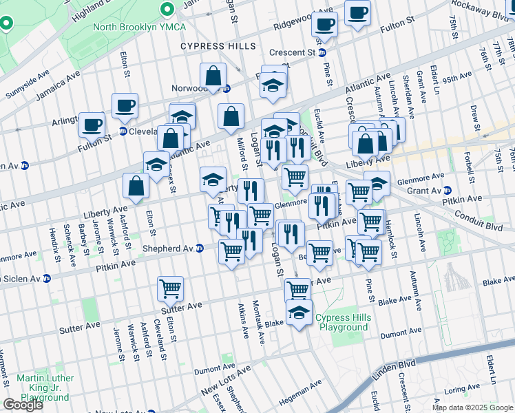 map of restaurants, bars, coffee shops, grocery stores, and more near 889 Glenmore Avenue in Brooklyn