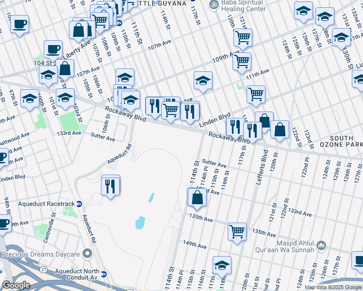 map of restaurants, bars, coffee shops, grocery stores, and more near 11220 Rockaway Boulevard in Queens