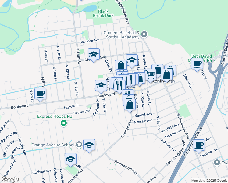 map of restaurants, bars, coffee shops, grocery stores, and more near 475 Boulevard in Kenilworth