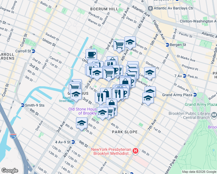 map of restaurants, bars, coffee shops, grocery stores, and more near 4th Avenue & Carroll Street in Brooklyn