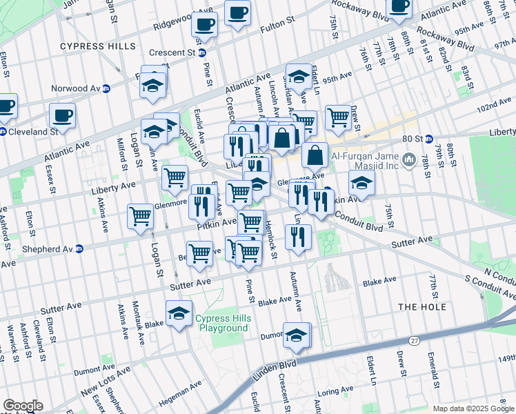 map of restaurants, bars, coffee shops, grocery stores, and more near 2781 Pitkin Avenue in Brooklyn