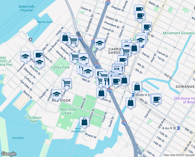 map of restaurants, bars, coffee shops, grocery stores, and more near 110 West 9th Street in Brooklyn