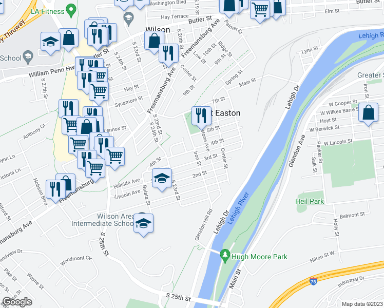 map of restaurants, bars, coffee shops, grocery stores, and more near 2204 4th Street in Easton