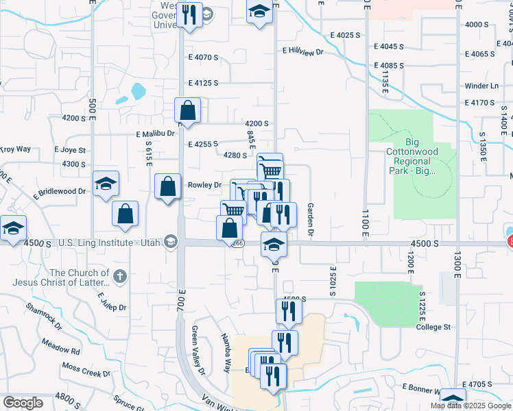 map of restaurants, bars, coffee shops, grocery stores, and more near 4372 South 900 East in Millcreek