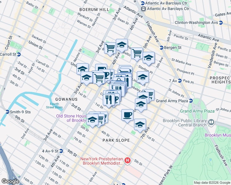 map of restaurants, bars, coffee shops, grocery stores, and more near 212 5th Avenue in Brooklyn