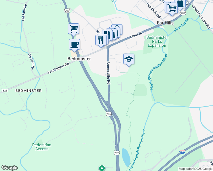 map of restaurants, bars, coffee shops, grocery stores, and more near 121 Somerville Road in Bedminster