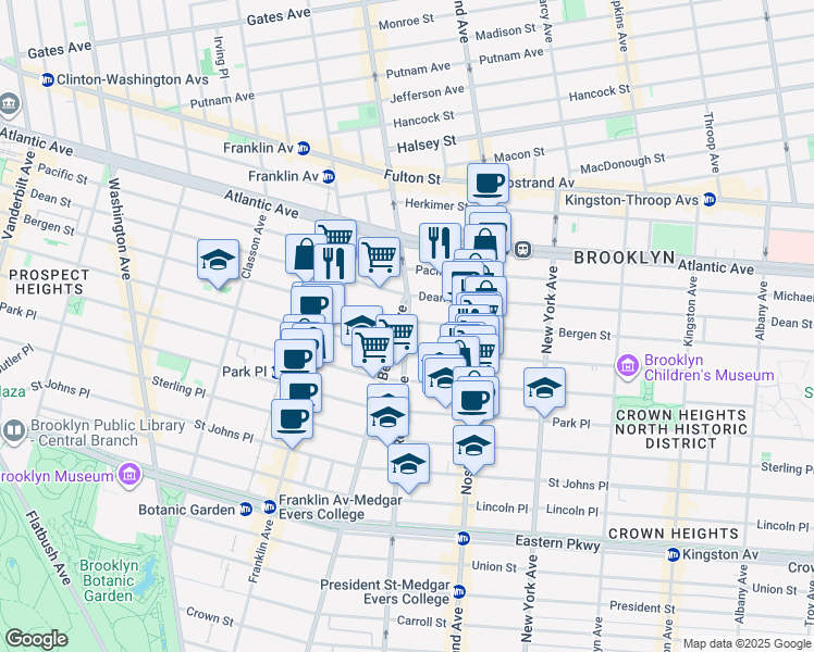 map of restaurants, bars, coffee shops, grocery stores, and more near 18 Rogers Avenue in Brooklyn