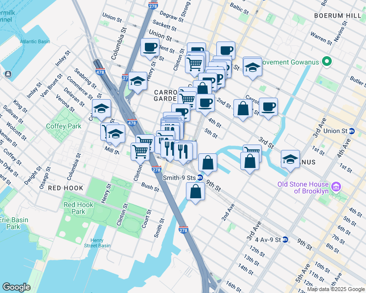map of restaurants, bars, coffee shops, grocery stores, and more near 190 Nelson Street in Brooklyn