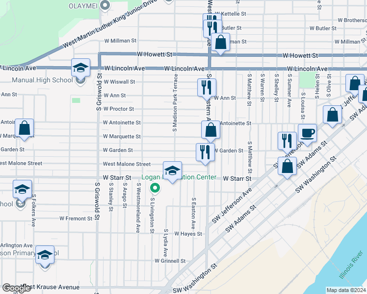 map of restaurants, bars, coffee shops, grocery stores, and more near 2009 West Garden Street in Peoria