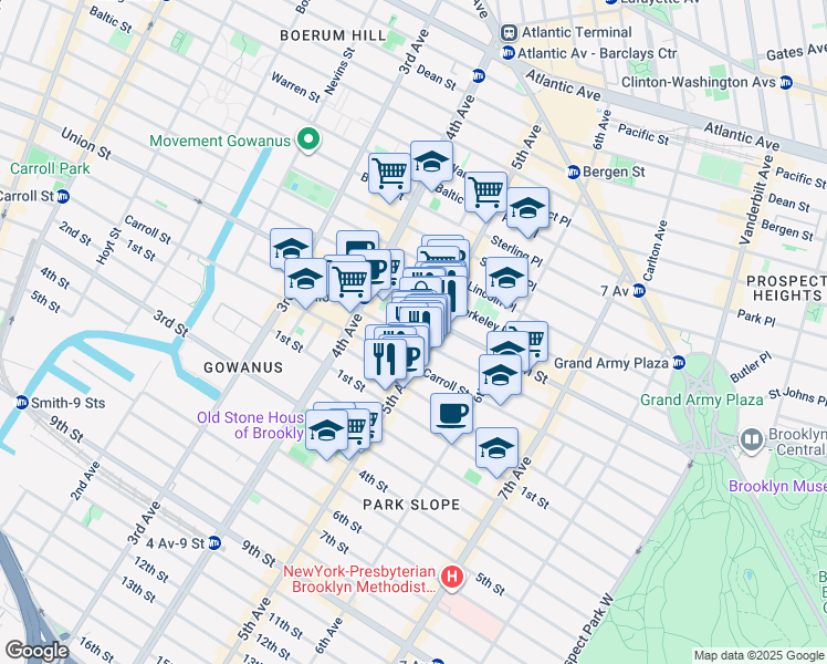 map of restaurants, bars, coffee shops, grocery stores, and more near 643 President Street in Brooklyn