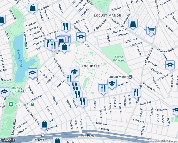 map of restaurants, bars, coffee shops, grocery stores, and more near Unnamed Road in Queens