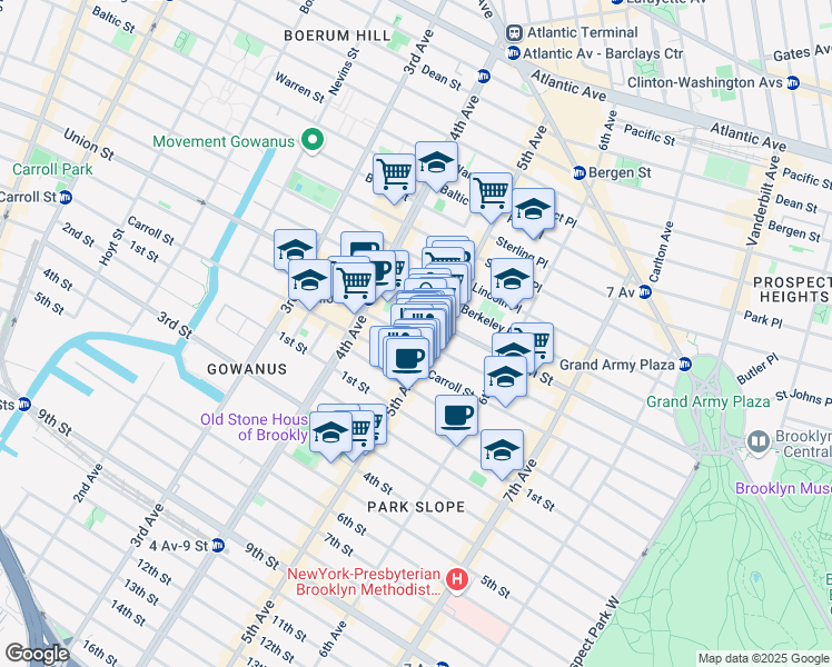map of restaurants, bars, coffee shops, grocery stores, and more near 212 5th Avenue in Brooklyn