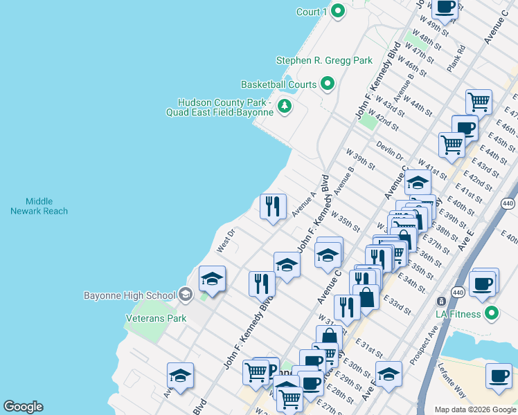 map of restaurants, bars, coffee shops, grocery stores, and more near 154 West 33rd Street in Bayonne