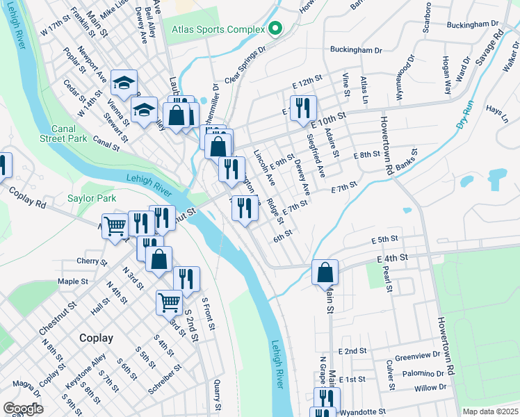 map of restaurants, bars, coffee shops, grocery stores, and more near 728 Washington Avenue in Northampton