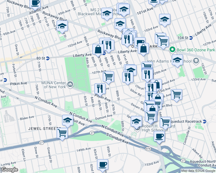 map of restaurants, bars, coffee shops, grocery stores, and more near 132-11 87th Street in Queens
