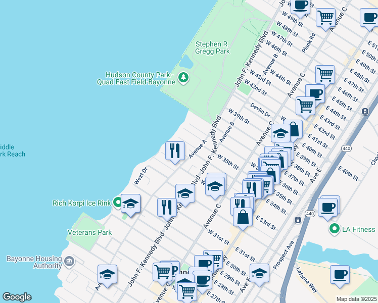 map of restaurants, bars, coffee shops, grocery stores, and more near 807 Avenue A in Bayonne