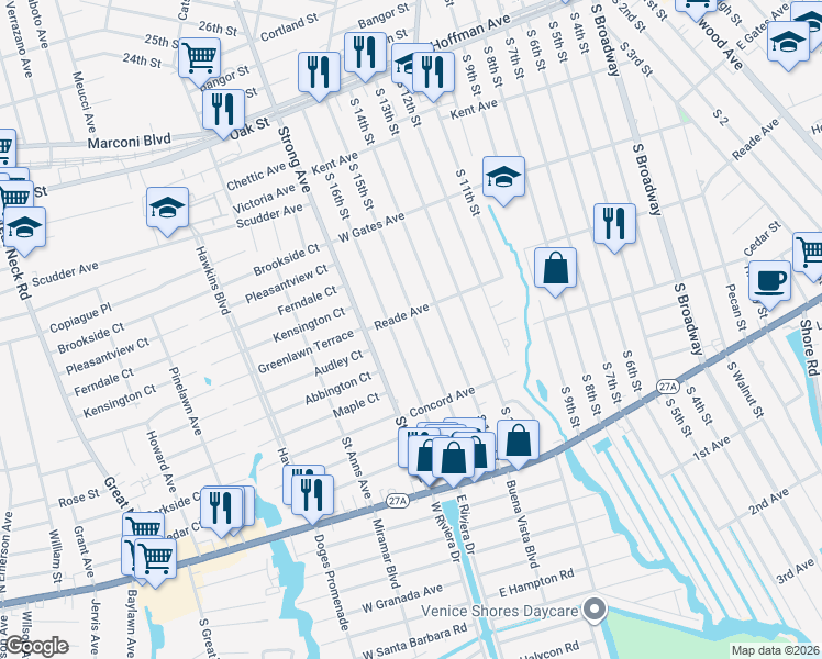map of restaurants, bars, coffee shops, grocery stores, and more near 456 South 16th Street in Lindenhurst