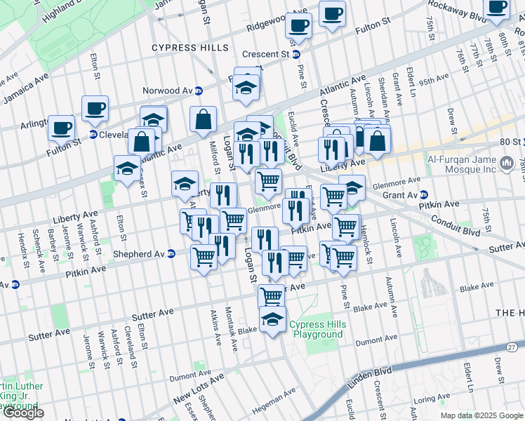 map of restaurants, bars, coffee shops, grocery stores, and more near 191 Fountain Avenue in Brooklyn