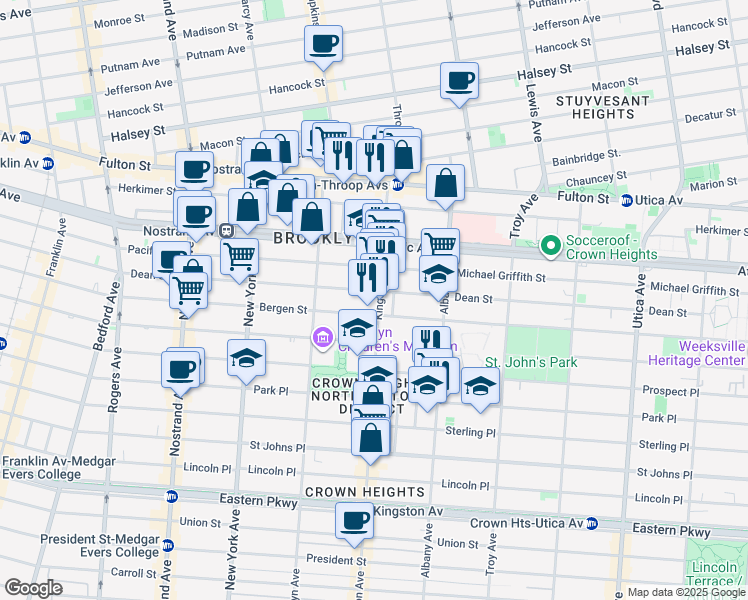map of restaurants, bars, coffee shops, grocery stores, and more near 1286 Bergen Street in Brooklyn