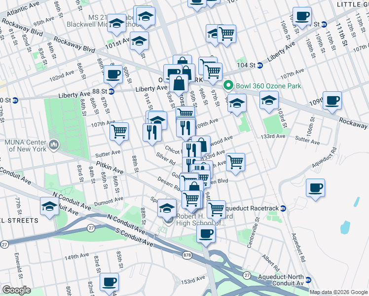 map of restaurants, bars, coffee shops, grocery stores, and more near 91-40 Chicot Road in Queens