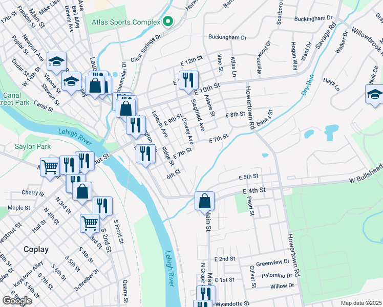 map of restaurants, bars, coffee shops, grocery stores, and more near 240 East 7th Street in Northampton