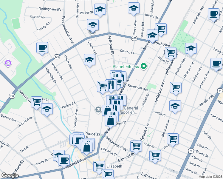 map of restaurants, bars, coffee shops, grocery stores, and more near 560-574 North Broad Street in Elizabeth